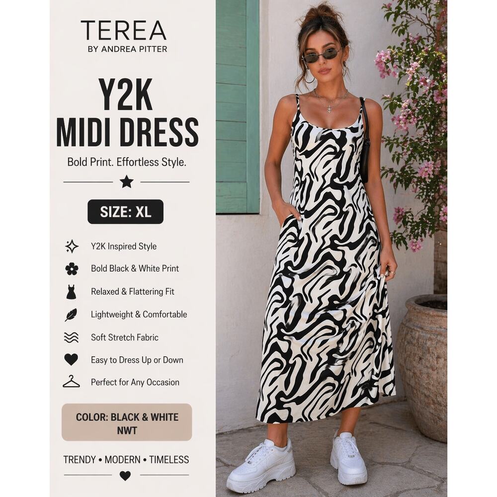NWT SZ XL Terea Andrea Pitter Black White Abstract Maxi Dress Y2K Sleeveless